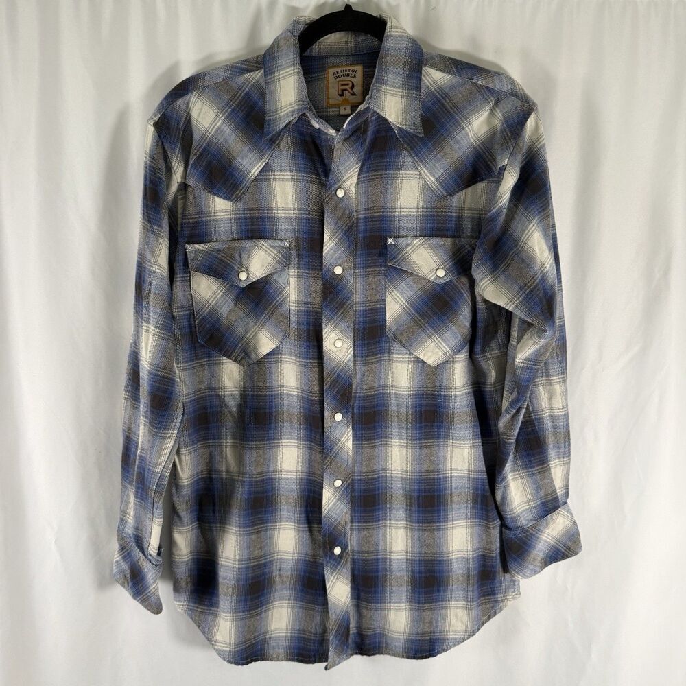 Resistol Double Pearl Snap Shirt Men's Small Blue White Plaid Button Up Flannel